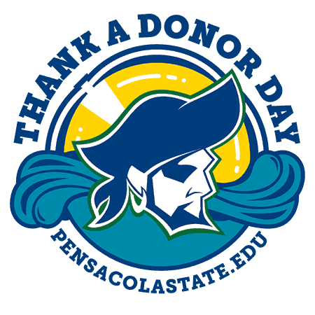 Pirate logo celebrating Thank a Donor Day at Pensacola State College, emphasizing community support.