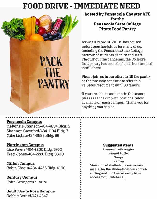 Food drive supporting Pensacola State College food pantry and community hunger relief efforts.