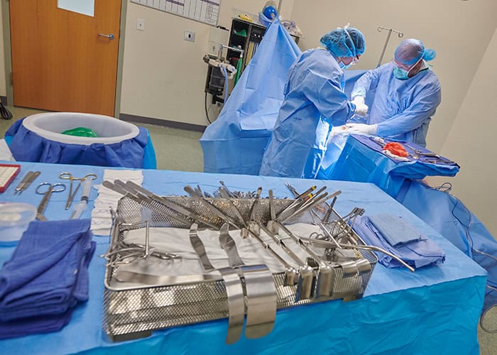 Highly skilled medical professionals preparing for surgical procedures in a clinical training enviro.