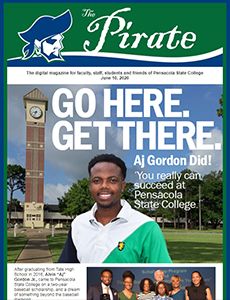 Student smiling outside Pensacola State College campus with success message.