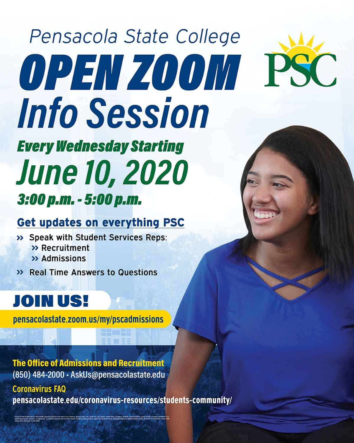 Virtual college info session at Pensacola State College via Zoom for prospective students.