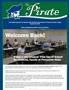 Students and faculty gather in classroom during Pensacola State College welcome event.