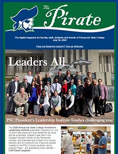 Group of diverse students and faculty at Pensacola State College leadership event.