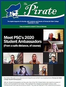 Pensacola State College Pirate Student Ambassadors participating in online meeting for campus engage.
