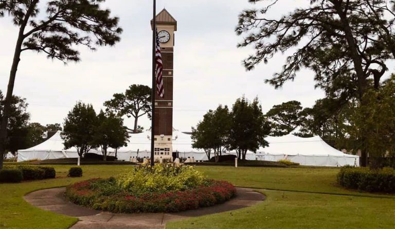 Emergency staging area at PSC Pensacola campus used for hurricane response and disaster management.