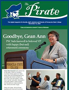 Highly accessible image of Gean Ann at Pensacola State College farewell event, celebrating her contr.