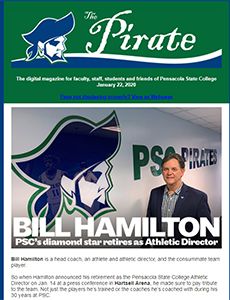 Pensacola State College Pirate mascot with Athletic Director Bill Haltion at college event.