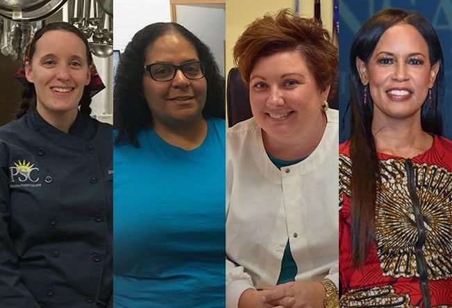 Diverse women faculty and staff at Pensacola State College in various professional settings.
