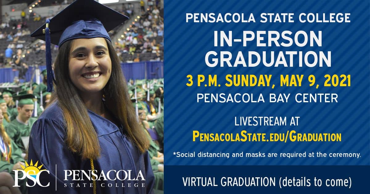 Graduates in caps and gowns at Pensacola State College graduation event.