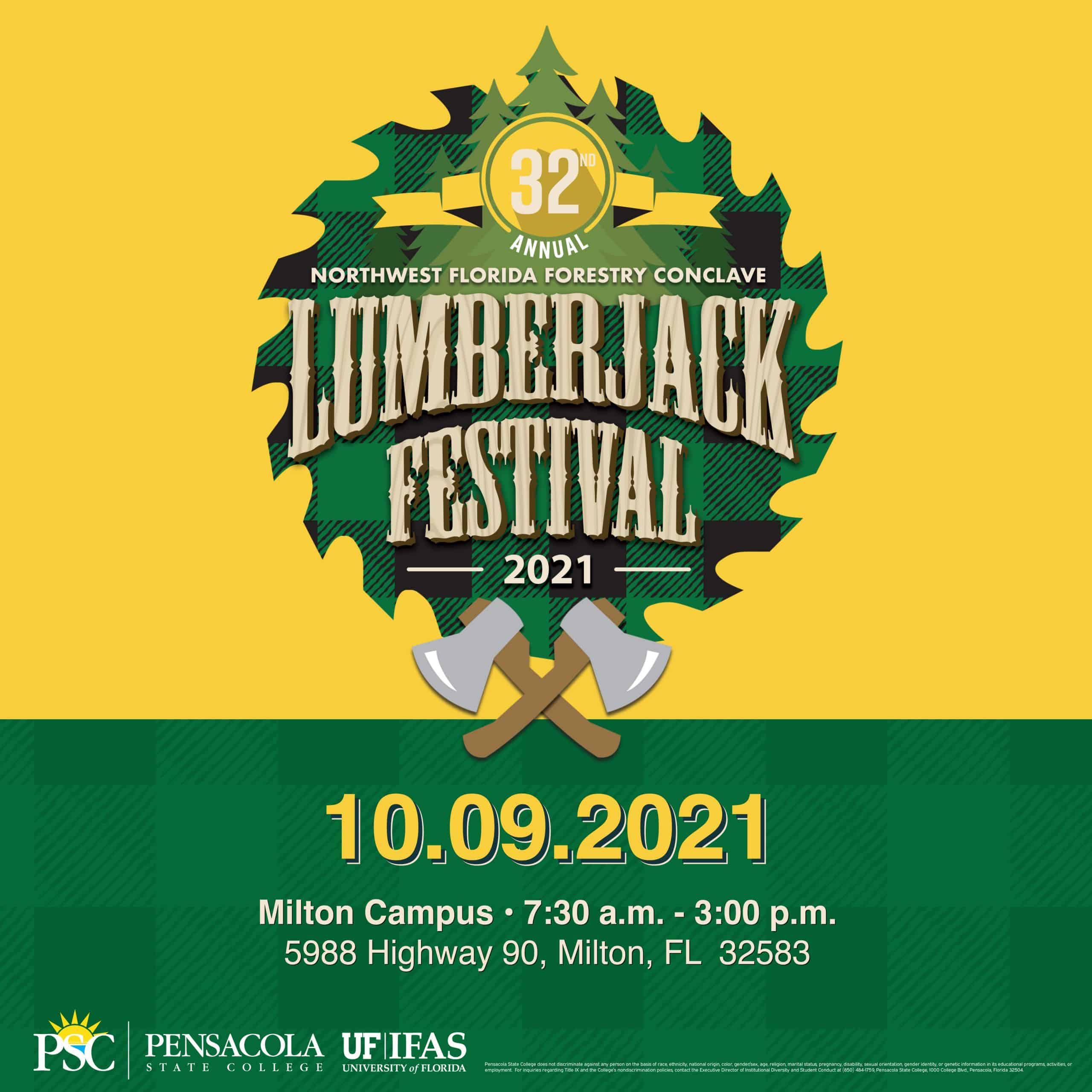 Lumberjack Festival poster with axes and event details.