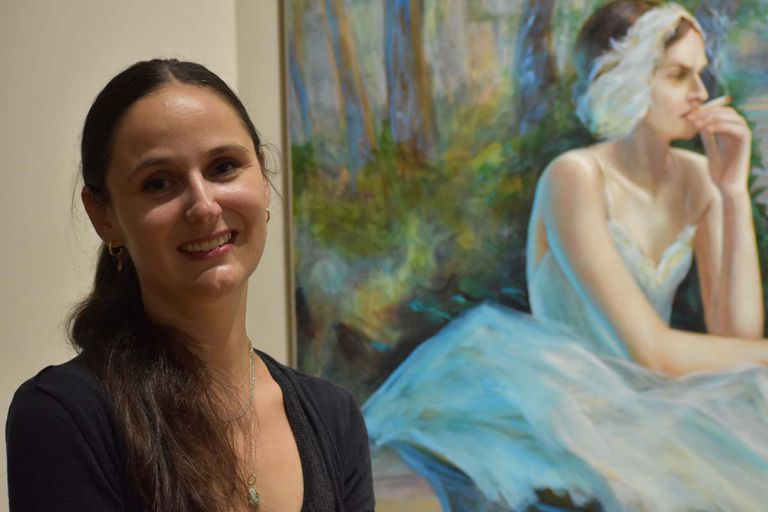 Lauren Woods, a mobile artist, speaks about mythic time, ballet, and Einstein during a lecture at Pe.