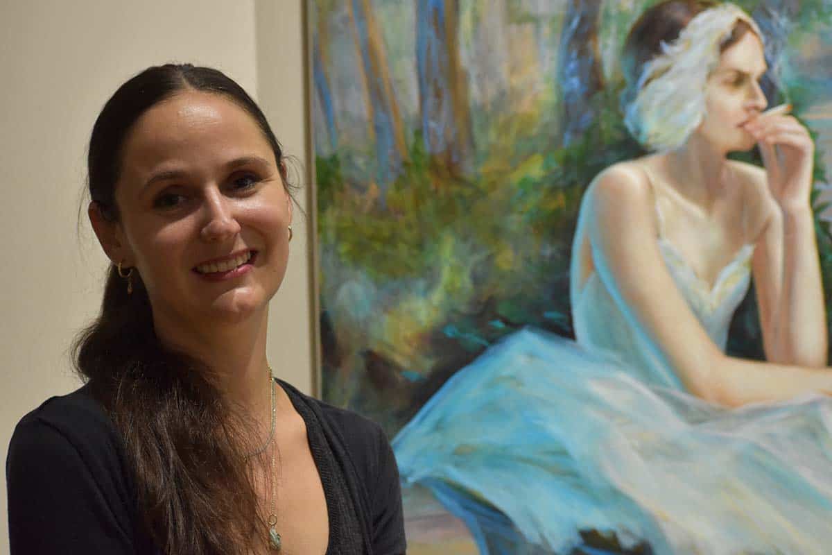 Lauren Woods, a mobile artist, speaks about mythic time, ballet, and Einstein during a lecture at Pe.