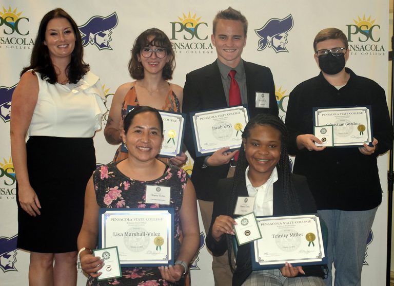 Students receiving awards at Pensacola State College&rsquo;s &lsquo;Recognizing Excellence&rsquo; reception.