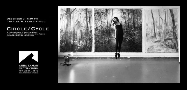Elegant black-and-white photo of Lauren Woods performing in an art studio with large forest-themed p.
