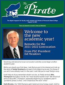 Optimized higher education image showcasing Pensacola State College's welcoming message for students.