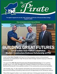 Pensacola State College Pirate scholarship award ceremony with students and officials.