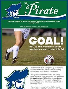 Pirate soccer player kicking ball during match at Pensacola State College.