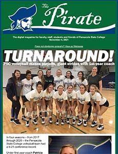 Pensacola State College volleyball team celebrating victory, showcasing athletic excellence and team.