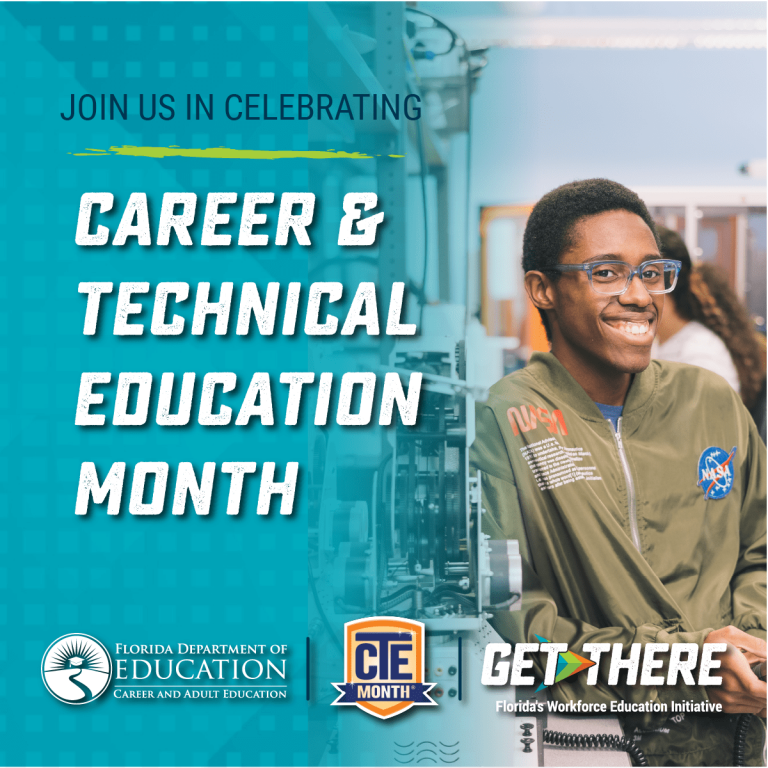 Student participating in Career and Technical Education Month job fair at Pensacola State College.