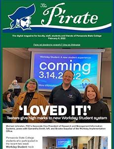 Pensacola State College students celebrating the new Pirate student system launch.