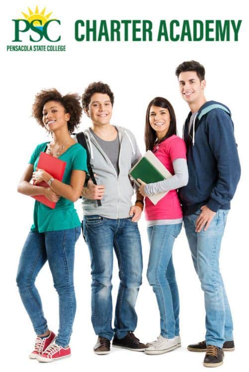 High school students smiling with backpacks and books at Pensacola State College Charter Academy ope.