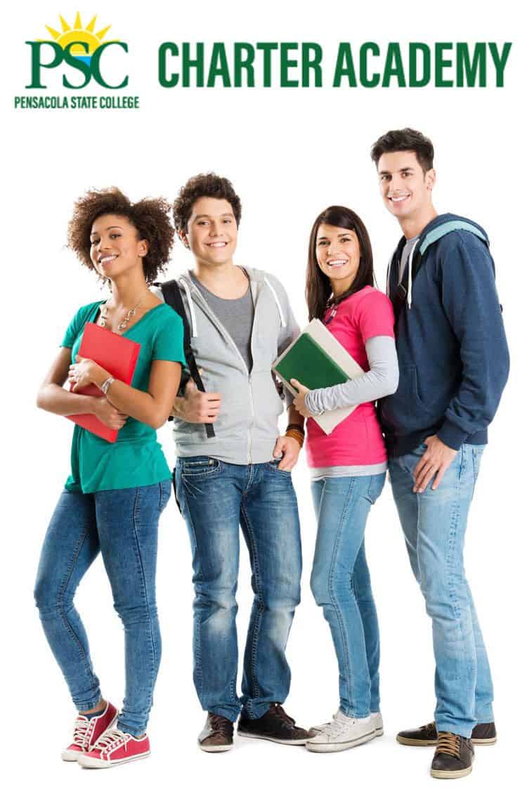 High school students smiling with backpacks and books at Pensacola State College Charter Academy ope.