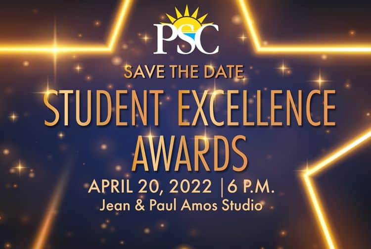 Event poster for Pensacola State College Student Excellence Awards 2022, highlighting date, time, an.