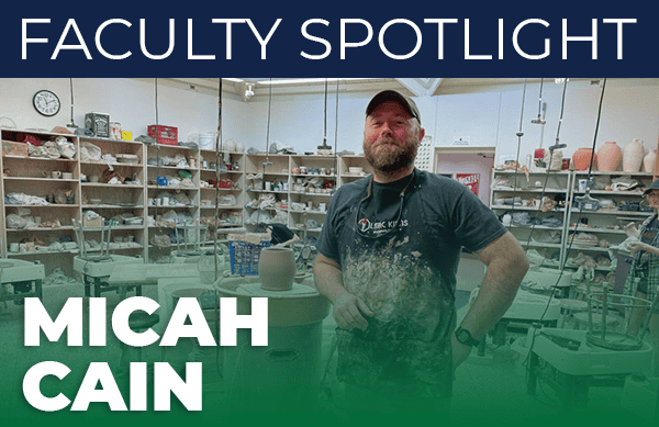 Micah Cain, ceramics instructor, in his studio surrounded by pottery and ceramic art supplies at Pen.