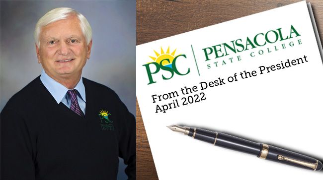 College president at Pensacola State College with official document from April 2022.