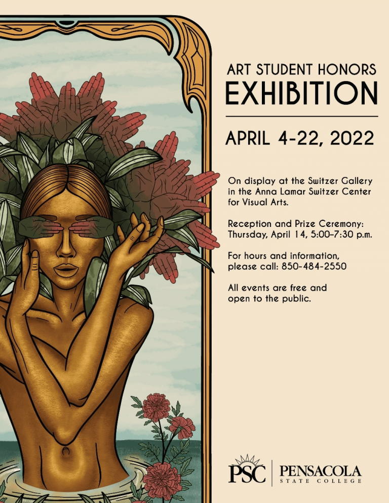 Art student honors exhibition poster with floral artwork and event details.