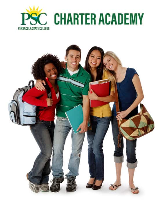 PSC Charter Academy students smiling with backpacks and books at Warrington campus.
