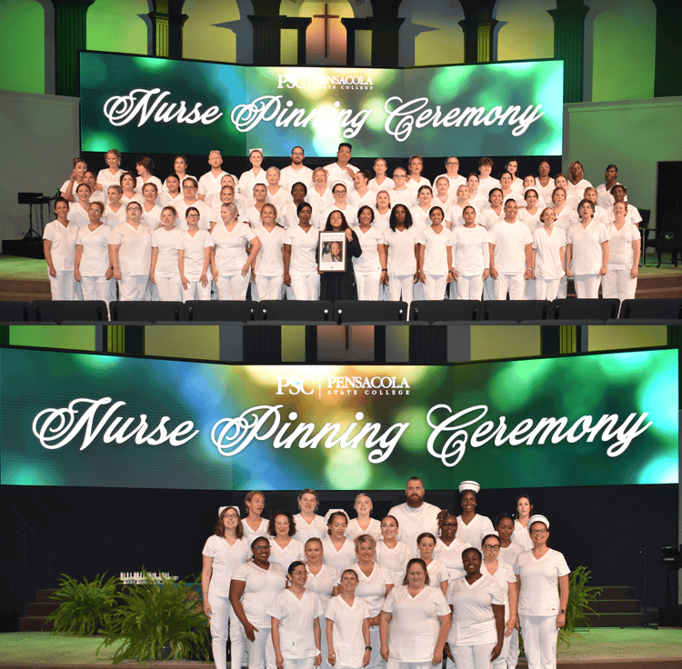 Group of nursing graduates and faculty at Pensacola State College nurse pinning event.
