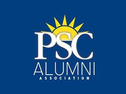 PSC Alumni Association logo with sunburst design and bold text.