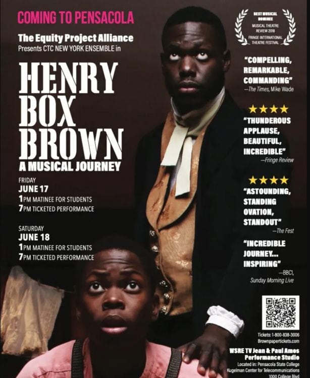 Promotional poster for Henry Box Brown: A Musical Journey at WSRE Amos Studio, June 17-18, highlight.