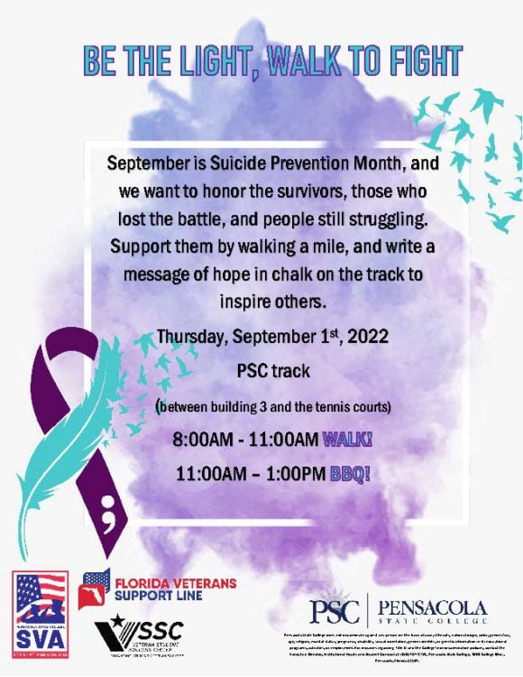 Suicide Prevention Month walk event at Pensacola State College with mental health awareness activiti.