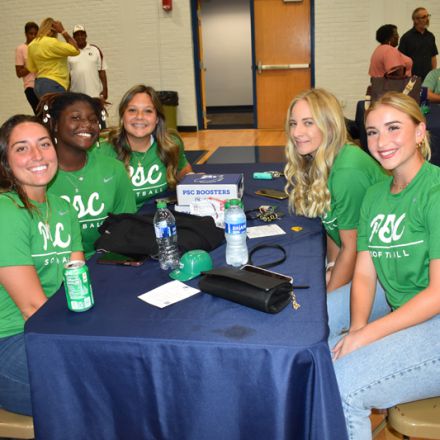 High school athletes engaging with PSC athletics campaign at Pirate Experience.