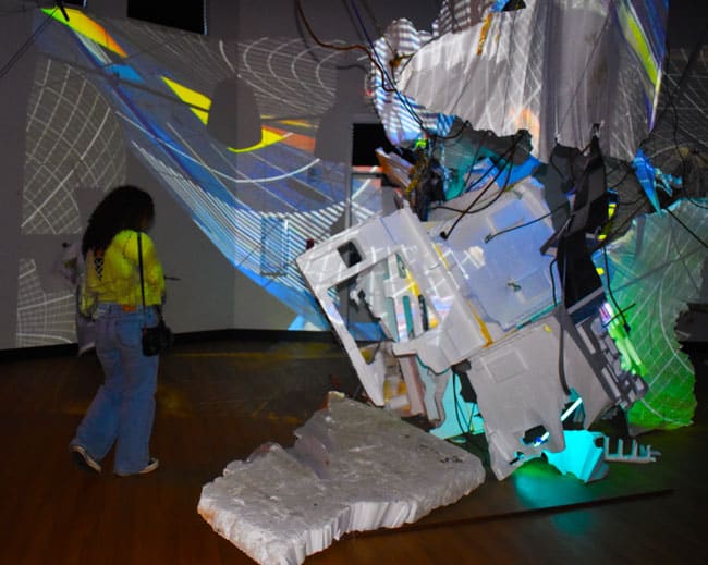 Dynamic abstract sculpture by Tra Bouscaren's 'Test Pattern' exhibit in Lamar Studio.