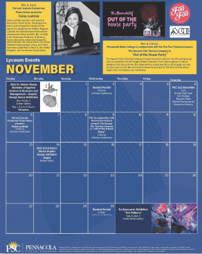 Visual & Performing Arts Events, November 2022, college arts calendar, Pensacola State College.