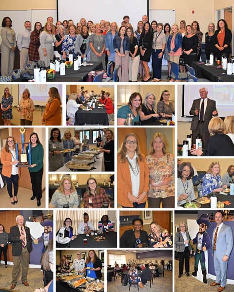 Higher education professionals engaging at Pensacola State College luncheon for school counselors.