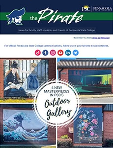 Outdoor art gallery at Pensacola State College showcasing new masterworks and student projects.