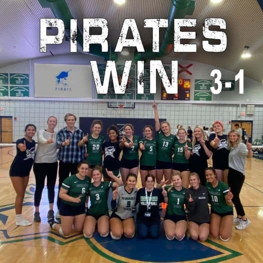 PSC volleyball team celebrates a 3-1 victory, showcasing their winning streak and team spirit.