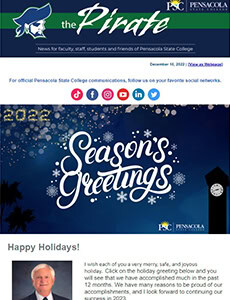 Holiday season at Pensacola State College with festive graphics and college branding.
