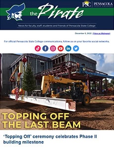 Construction milestone photo of the topping off ceremony at Pensacola State College, showcasing prog.