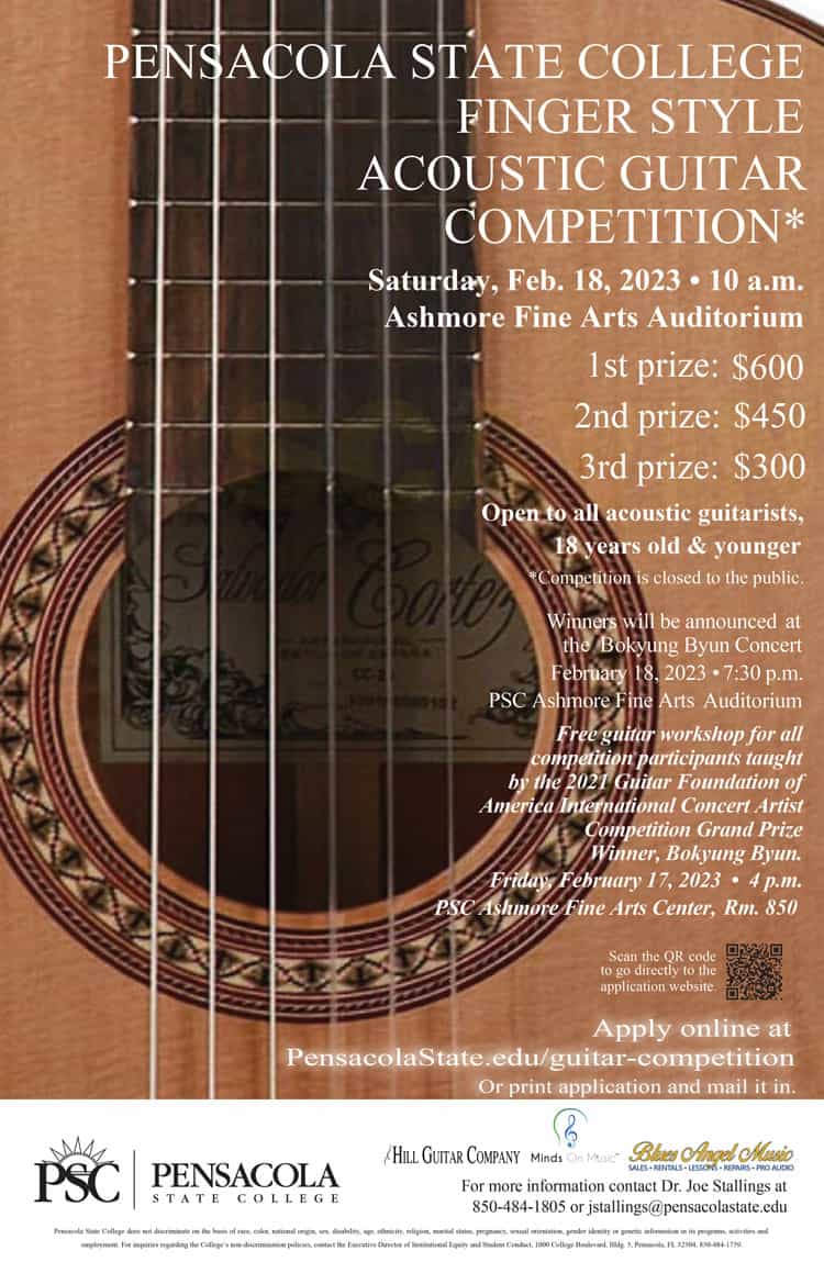 Guitar competition poster for Pensacola State College acoustic guitar event.