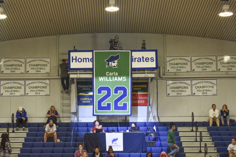 Carla Williams jersey retirement honoring college volleyball legend at Pensacola State College.