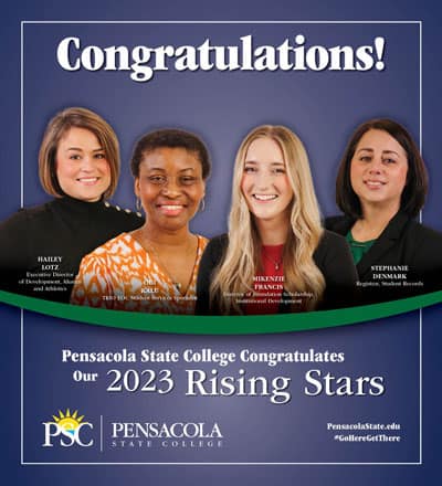 Diverse group of students celebrating academic success at Pensacola State College.