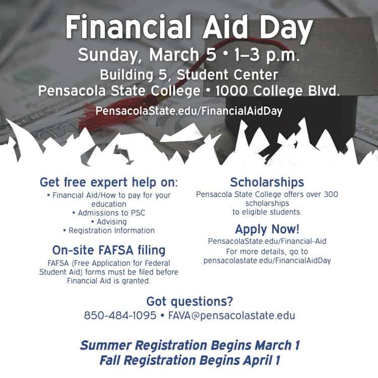 Event poster for Financial Aid Day at Pensacola State College on March 5, 2023.