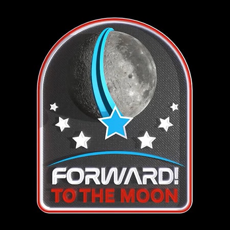 Astronaut-themed badge with moon, stars, and 