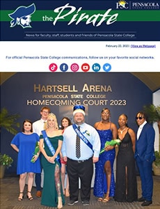Homecoming Court 2023 at Pensacola State College with students and faculty in formal attire.