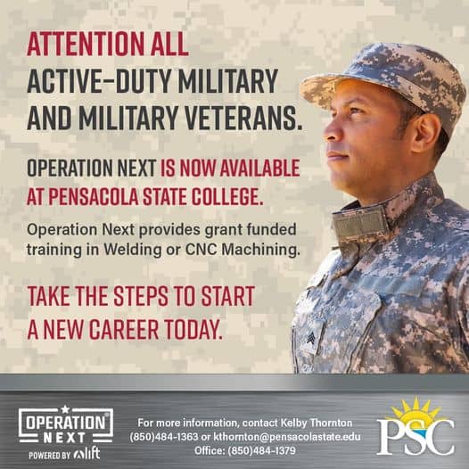 Veterans and active-duty military training programs at Pensacola State College for career advancemen.